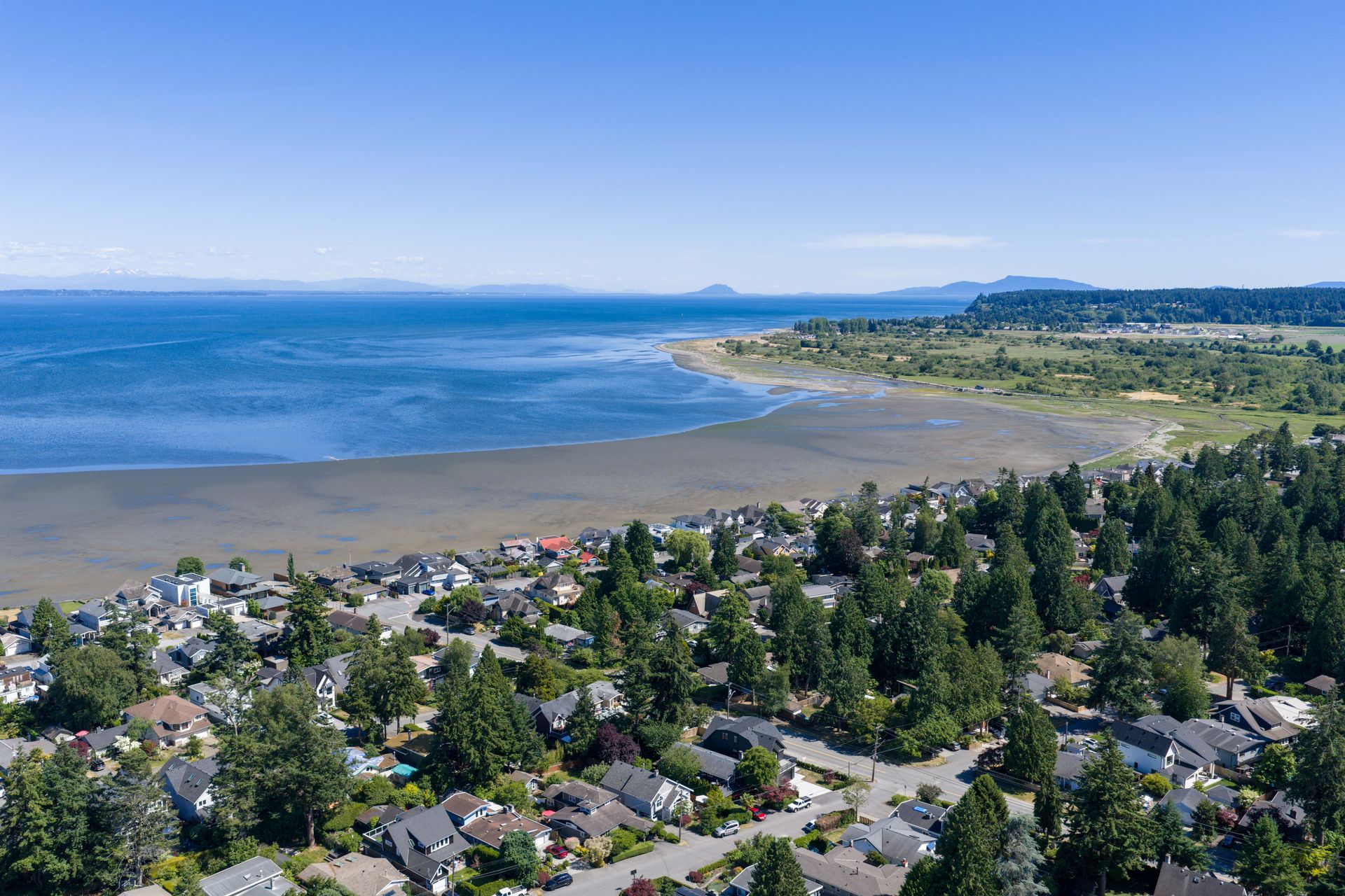 Drone view of the Delta shoreline and the homes behind it