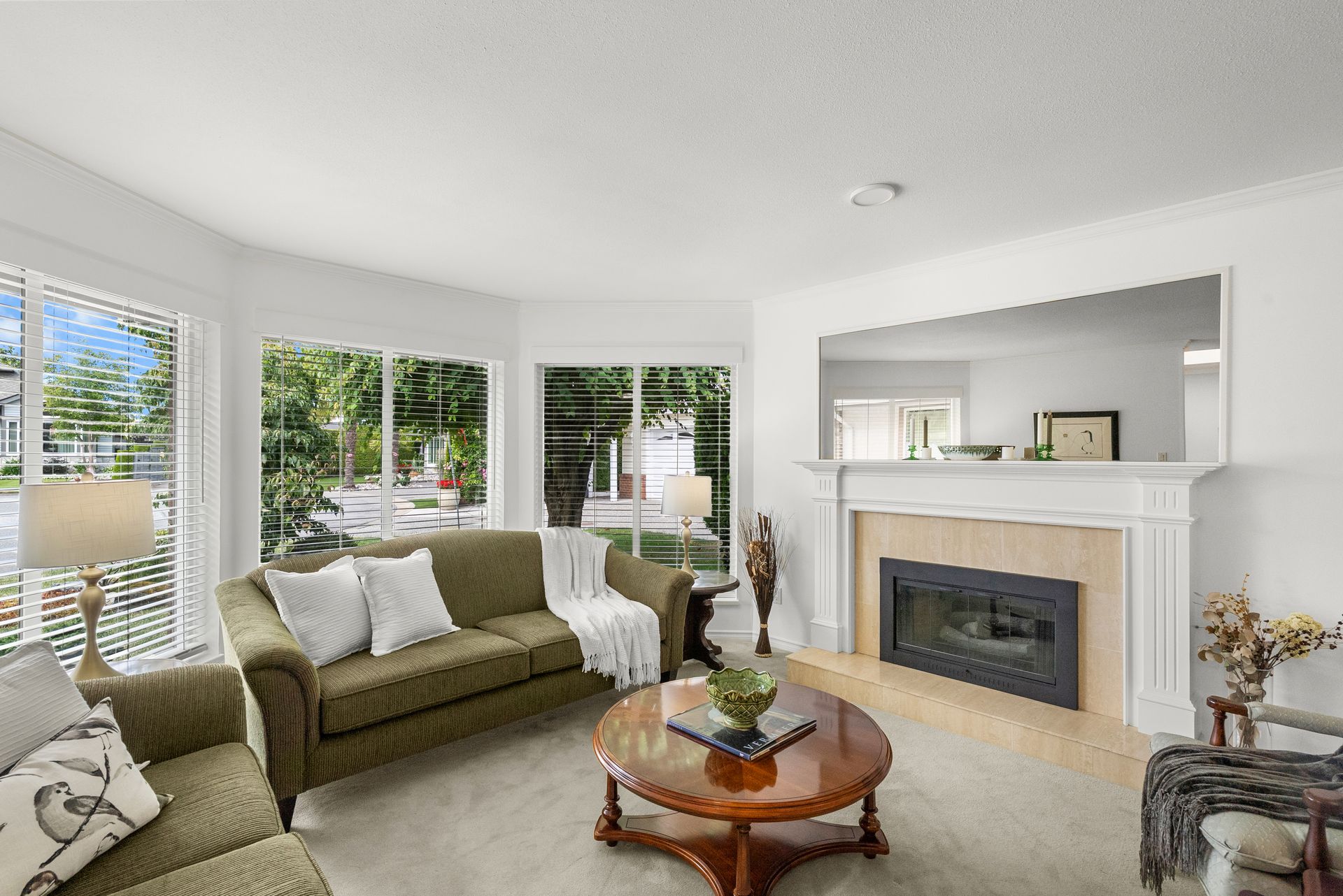 Bright living room with a fireplace