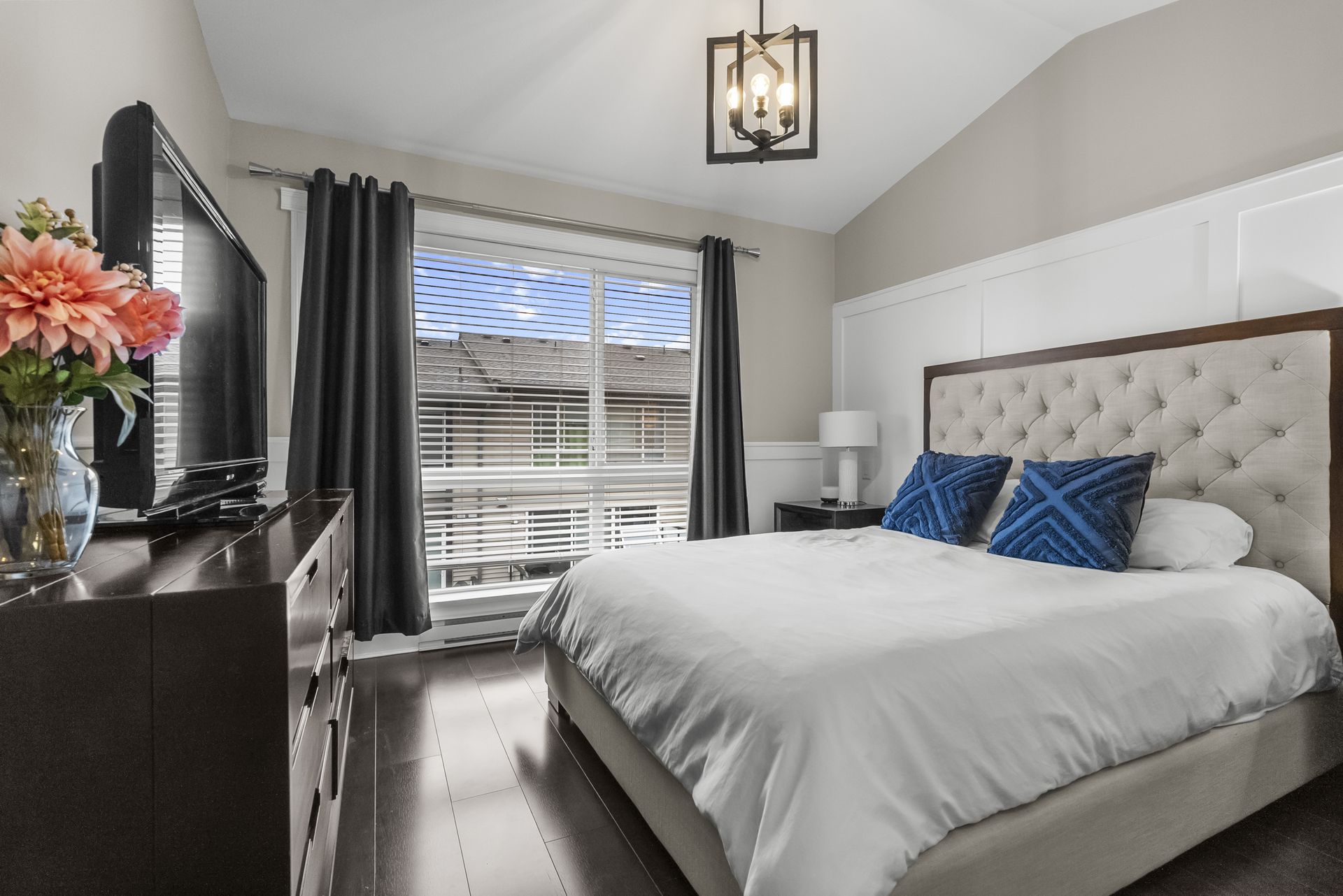 Bedroom with an upholstered headboard