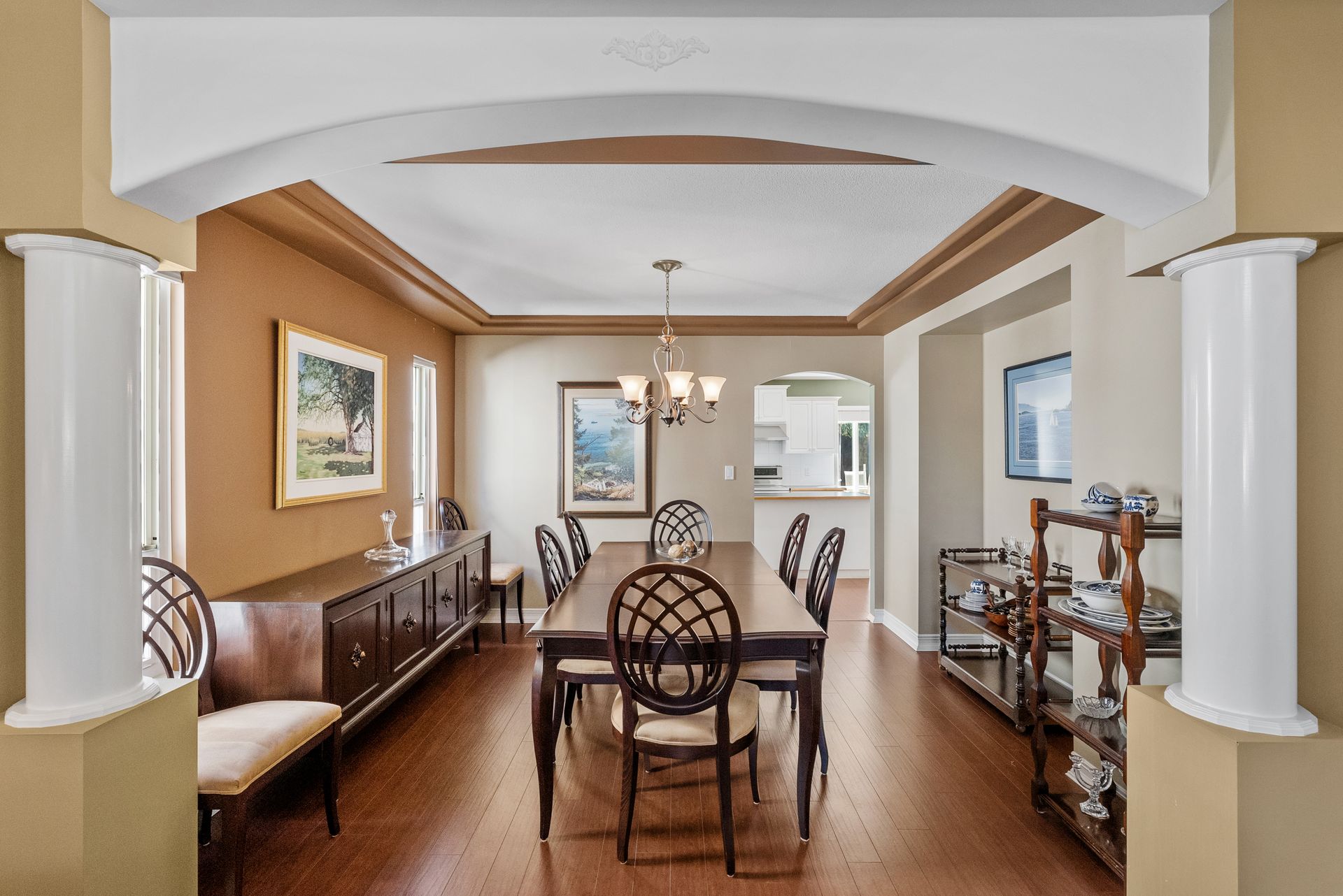 Dining room through arched columns
