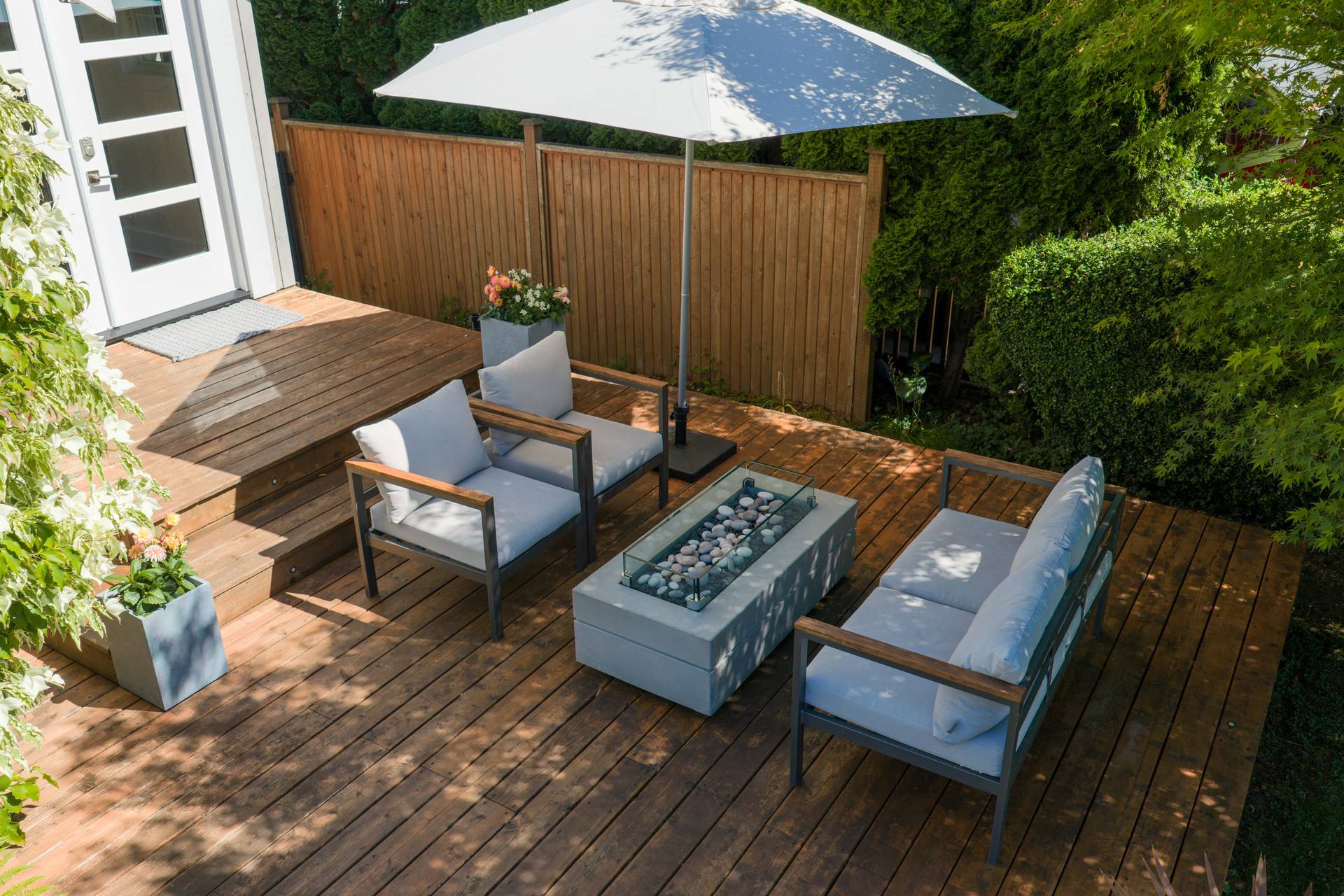 Backyard patio and garden from above