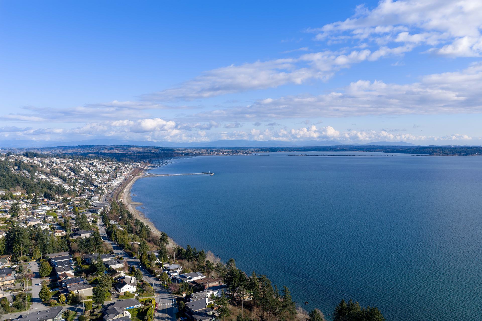Drone view of the White Rock waterfront and Semiahmoo Bay