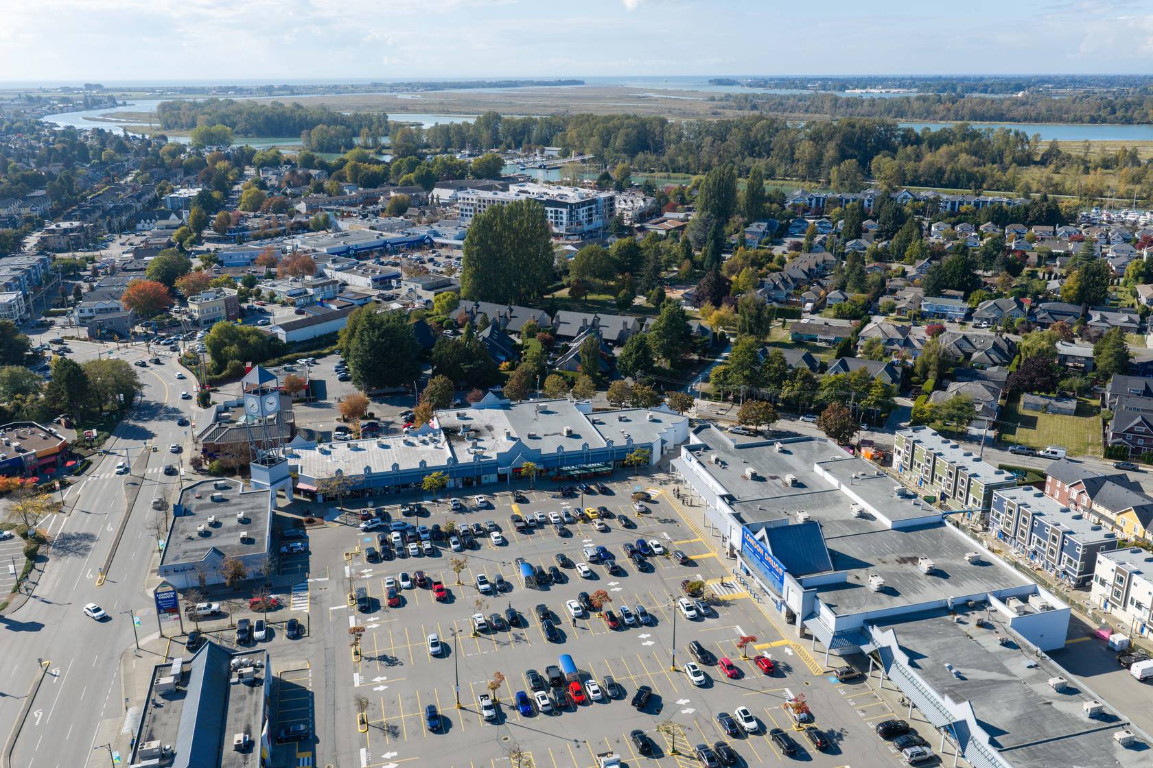 Aerial view of the neighbourhood and nearby shopping